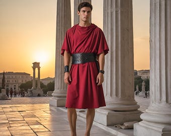 Edle antike Römer-Toga | Gladiator Krieger Kostüm | Rote Toga mit Gürtel | Griechischer Kaiser Outfit | Historische LARP & Cosplay Kleidung