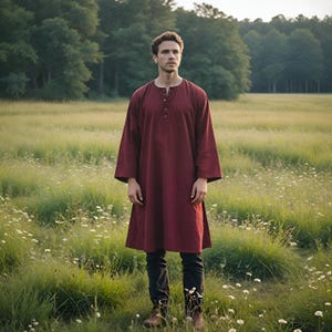 Deep Burgundy Viking Tunic | Medieval Norse Warrior Outfit | Exquisite Elegant Men&#39;s Tunic Shirt | Historical Clothing Gift for Boyfriend