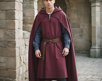 Burgunder Herren Mittelalter Umhang | Exquisites Renaissance Cape | Kapuzenumhang für Historisches Reenactment | Geschnürtes Mittelalterliches Cosplay Kostüm