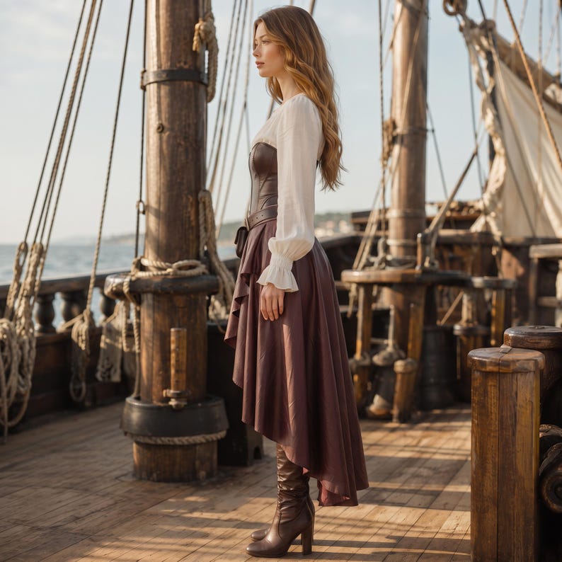 K&ouml;nnte beinhalten: Eine lang&auml;rmelige wei&szlig;e Bluse mit gerafften B&uuml;ndchen, kombiniert mit einem dunkelbraunen Korsett und einem passenden Vokuhila-Rock. Das Outfit umfasst einen braunen Lederg&uuml;rtel mit kleiner Tasche und dunkelbraune kniehohe Stiefel mit Blockabsatz.