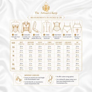 K&ouml;nnte beinhalten: Eine Gr&ouml;&szlig;entabelle von The Artisan's Keep mit Illustrationen zu K&ouml;rperma&szlig;en wie Brust, Schulter, &Auml;rmel, Torso, hoher Taille, niedriger Taille und H&uuml;fte. Eine Tabelle zeigt die Ma&szlig;e in Zoll und Zentimetern f&uuml;r die Gr&ouml;&szlig;en XS bis XXL.