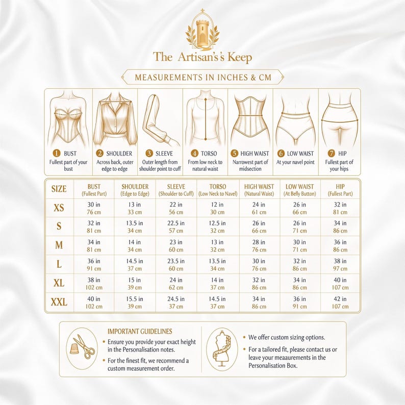 K&ouml;nnte beinhalten: Eine Gr&ouml;&szlig;entabelle von The Artisan's Keep mit Illustrationen zu K&ouml;rperma&szlig;en wie Brust, Schulter, &Auml;rmel, Torso, hoher Taille, niedriger Taille und H&uuml;fte. Eine Tabelle zeigt die Ma&szlig;e in Zoll und Zentimetern f&uuml;r die Gr&ouml;&szlig;en XS bis XXL.