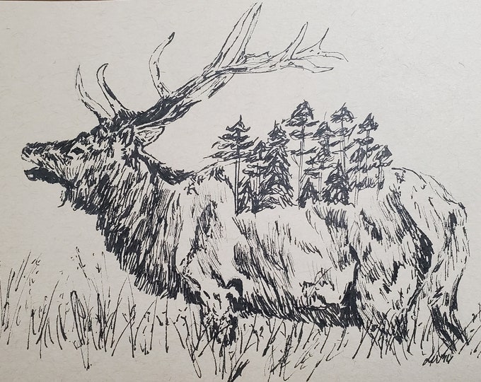 Elk and Landscape Pen and Ink Illustration - Etsy