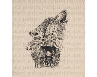 Wolf Art, Howling Wolf, Rustic Art, Nature Illustration, Full Moon, Den Decor, Cabin, Nature Glicee, Pen and Ink Illustration, Nested Image