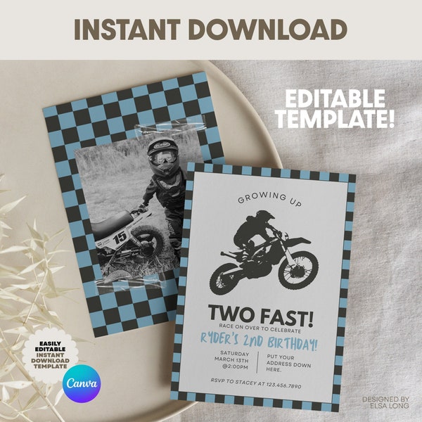 Kid Birthday Invitation Template: Growing Up Two Fast Dirt Bike Easy Editable Instant Download Second Birthday Boy