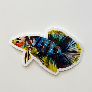 May include: A colorful sticker featuring a watercolor painting of a Betta fish. The fish has a blue and brown body with yellow and green fins. The head is a mix of orange, yellow, and brown. The sticker is on a white background.