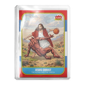 May include: A Fleer Premier trading card featuring an illustration of Jesus Christ in a white robe and red cloak dribbling a basketball past a red horned figure. The card text reads Jesus Christ The Alpha and the Omega in a blue border.