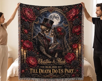 Personalized Til Death Woven Blanket , Unique Spooky Couple Halloween Throw, Funny Wedding Anniversary Valentines Gift
