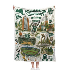 May include: A white blanket featuring a detailed map of Binghamton University, with illustrations of campus landmarks, the Bearcat mascot, and the text "Binghamton University". The blanket includes green and white accents.