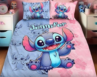 Juego de edredón o funda nórdica personalizada con nombre, diseño de dibujos animados Ohana y fundas de almohada