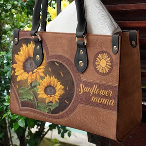 Personalized Leather Handbag Sunflowers Mama