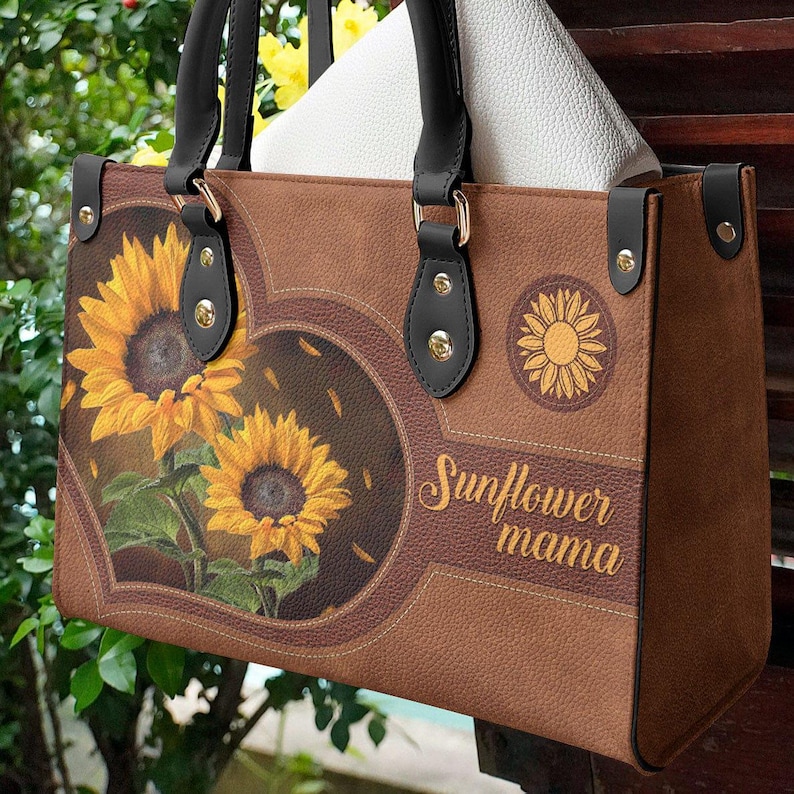 Personalized Leather Handbag Sunflowers Mama