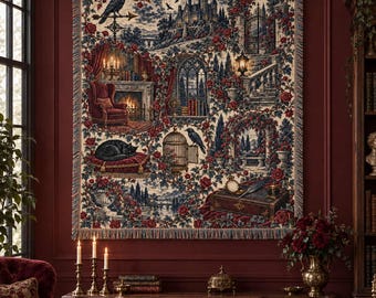 Personalized Gothic Manor Night Woven Blanket - Custom Halloween Library Fireplace Raven Birdcage Throw, Fall Wall Tapestry Decor