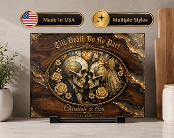 Gothic Skull Personalized Glass Cutting Board, Skeleton Couple Charcuterie Tray, Dark Romance Wedding Gift
