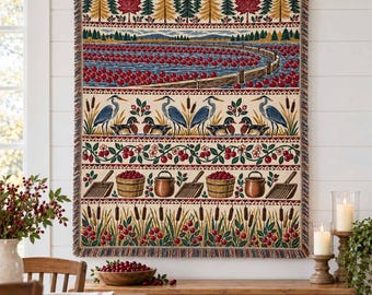 Personalized Cranberry Harvest Sampler Woven Blanket - Custom Thanksgiving Heron Duck Pine Band Throw, Farmhouse Fall Wall Tapestry Decor