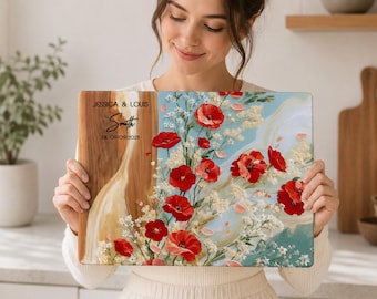 Personalized Wildflower Poppy Glass Cutting Board, Custom Wedding Bridal Shower Gift, Serving Tray