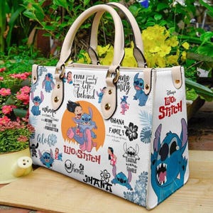 Bolsa feminina de couro sintético personalizada Aloha and Stitch | Bolsa com alça superior e desenho animado com nome e costura