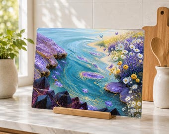 Personalized Amethyst River Glass Cutting Board, Custom Bridal Shower Wedding Gift, Floral Charcuterie Tray