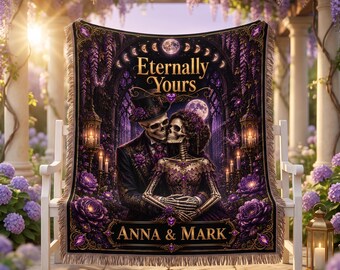 Personalized Gothic Woven Blanket, Skeleton Couple Celestial Moon Throw , Amethyst Night Halloween Home Decor