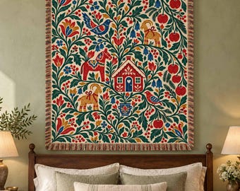 Personalized Nordic Floral Cottage Woven Blanket - Custom Christmas Red Cottage Horse Bird Straw Goat Apple Throw, Holiday Wall Tapestry Dec