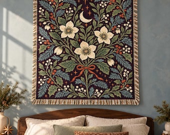 Personalized Hellebore Bouquet Woven Blanket - Custom Christmas Rose Crescent Moon Ribbon Throw, Holiday Floral Wall Tapestry Decor