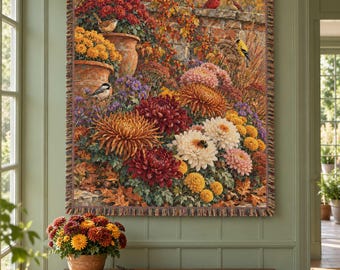 Personalized Autumn Mum Garden Woven Blanket - Custom Fall Chrysanthemum Cardinal Goldfinch Songbird Throw, Thanksgiving Wall Tapestry Decor
