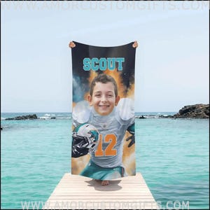 Made In Usa Personalized Dolphins Football Boy Beach Towel | Customized Football Theme Pool Towel