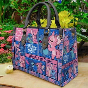 Personalisierte Stitch Angel Cartoon Frauen Kunstleder Handtasche | Benutzerdefinierte Name Stitch Cartoon Top Handler Handtasche