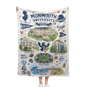May include: White blanket featuring a detailed illustration of Monmouth University landmarks, including Wilson Hall, Guggenheim Library, and Kessler Stadium. The design incorporates the university's logo, the text "Monmouth University," and the phrase "Go Hawks."