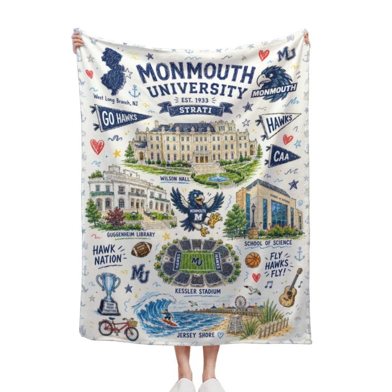 May include: White blanket featuring a detailed illustration of Monmouth University landmarks, including Wilson Hall, Guggenheim Library, and Kessler Stadium. The design incorporates the university's logo, the text "Monmouth University," and the phrase "Go Hawks."