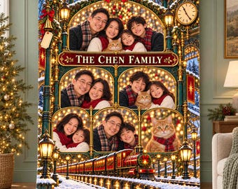Personalized Christmas Train Photo Blanket - Custom Name Gift