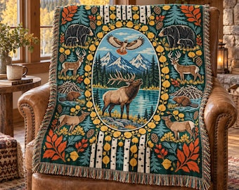 Personalized Elk Woven Blanket - Custom Fall Golden Aspen Wreath Bear Deer Mountain Tapestry Throw