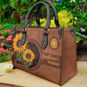 Personalized Leather Handbag Sunflowers Mama