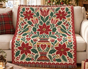 Personalized Poinsettia Vase Woven Blanket - Custom Christmas Songbird Heart Tulip Throw, Nordic Cottage Holiday Wall Tapestry Decor