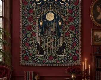 Personalized Raven Gate Arch Woven Blanket - Custom Halloween Gothic Manor Moon Black Cat Rose Throw, Fall Wall Tapestry Decor