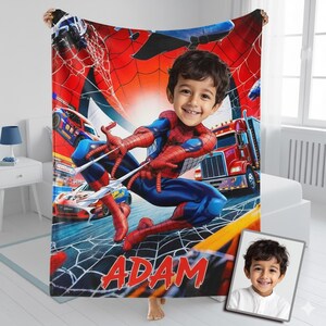 Personalized Superhero Spider Boy Blanket, Custom Face Spidey Throw image 3