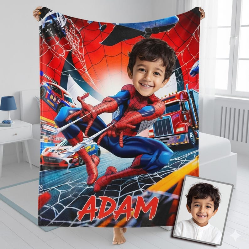 Personalized Superhero Spider Boy Blanket, Custom Face Spidey Throw image 3