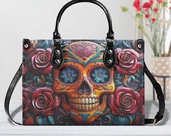 Personalized Sugar Skull Handbag: Gothic Vegan Leather Shoulder Bag