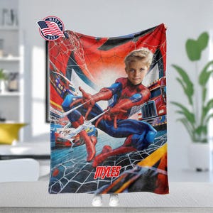 Personalized Superhero Spider Boy Blanket, Custom Face Spidey Throw image 2