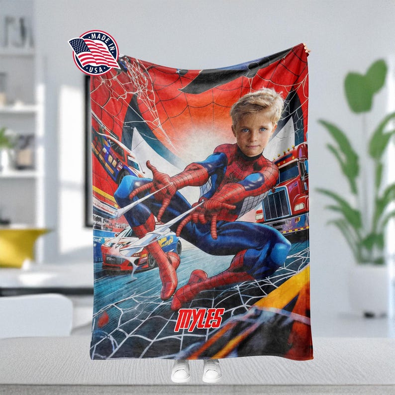 Personalized Superhero Spider Boy Blanket, Custom Face Spidey Throw image 2