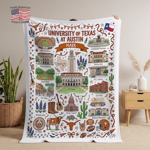May include: White blanket featuring a detailed illustration of the University of Texas at Austin, including landmarks like the UT Tower and DKR Stadium. The design incorporates the university's colors and symbols, with the text "University of Texas at Austin".