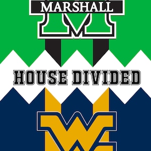 Puede incluir: Una "M" verde y negra con la palabra "MARSHALL" encima y las palabras "HOUSE DIVIDED" debajo. Una "W" azul y dorada est&aacute; debajo del texto.