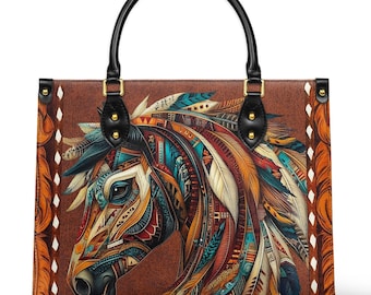 Personalized Horse Purse, Custom Equestrian Leather Handbag, Tribal Western Tote, Boho Mare Art Satchel