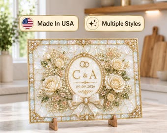 Personalized Floral Cutting Board, Custom Tempered Glass Heirloom Wedding Serving Tray - Valentine's Gift