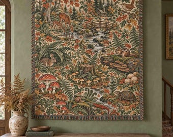 Personalized Forest Floor Cabin Creek Woven Blanket - Custom Autumn Fairy Ring Mushrooms Deer Footbridge Chipmunk Throw, Woodland Lodge Wall