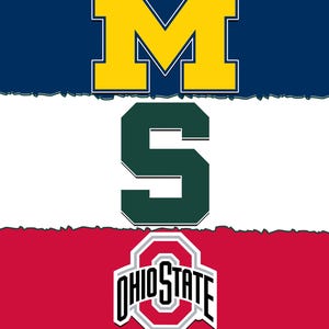 Puede incluir: Un gr&aacute;fico con el texto "HOUSE DIVIDED" en la parte superior y "HEARTS UNITED" en la parte inferior. El gr&aacute;fico presenta las letras "M", "S" y el logotipo de Ohio State en el medio. La "M" es amarilla y azul, la "S" es verde y el logotipo de Ohio State es rojo, blanco y gris.
