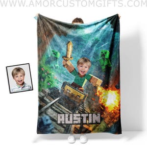 Made In Usa Personalized Face & Name Block-based 3D Sandbox Video Game Pixel Craft Blanket | Baby Little Boys Photo Blanket Gift