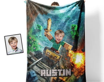Made In Usa Personalized Face & Name Block-based 3D Sandbox Video Game Pixel Craft Blanket | Baby Little Boys Photo Blanket Gift