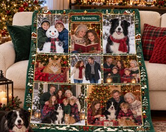 Custom Christmas Eve Photo Blanket,  Personalized Family Pictures Holiday Village Throw Gift