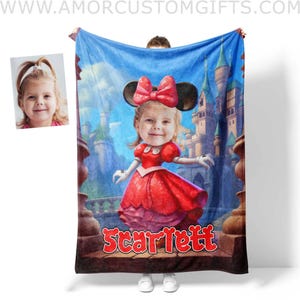 USA MADE PersonalizedFace & Name Cartoon Mouse Cosplay Mini Castle Red Dress Blanket